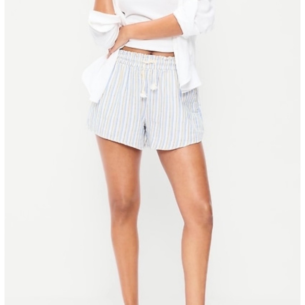 Old Navy Crinkle Gauze Shorts Womens L Blue Yellow Striped High Waisted NWT